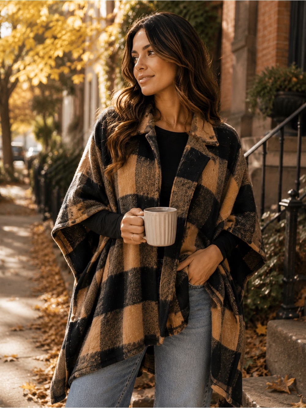 Vince Camuto Buffalo Plaid Hooded Poncho Sweater